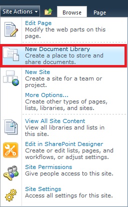 Dropdown menu for the "browse" menu option with "new document library" circled